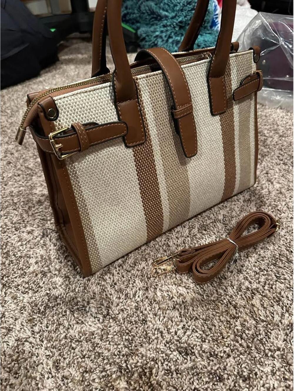 Brown/Beige & White Striped Handbag